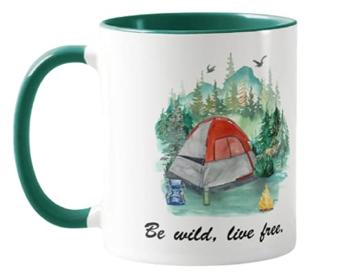 Vixar Tent, Camping,Caravan,Be Wild, Live Free, Holiday, Ceramic Mug Cup Coloured,11oz, Novelty Gift, Joke (Dark Green) — image 1
