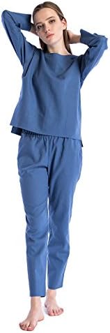 ETNODIM Women's Pajamas Sleepwear Linen Sleep Beding Long Sleeve Pants Natural Pajama Sets Beige (Blue, 12-14 (Large))