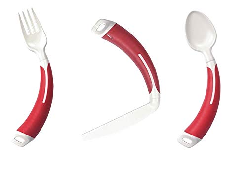 Curved Cutlery - Adult Eating Aid - Full Set of Light Weight Angled Cutlery (Right Hand, Red)