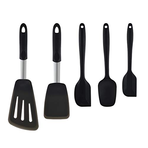 Silicone Spatula 5-piece Set,Heat-Resistant Non-stick Silicone Rubber Spatula,Egg Turner,Pancake,Omelette Pan Spatulas With Stainless Steel Core(Black)