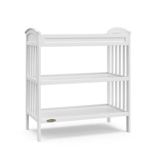 Graco Benton Changing Table with Bonus Water-Resistant Changing Pad (White) - GREENGUARD Gold Certified, Includes Diaper Change Pad with Safety Strap, 2 Open Storage Shelves for Organizing