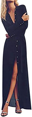 Gergeos Maxi Dress Women's Lapel Button Down Roll Up Long Sleeve Chiffon Cardigan Shirt Dress Black