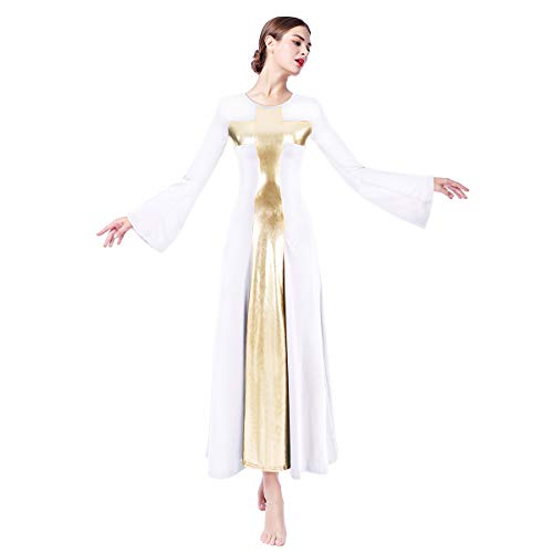 Women Adult Bell Long Sleeves Liturgical Praise Lyrical Dance Dress Gold Cross Loose Fit Full Length Maxi Swing Gown Pleated Ruffle Tunic Circle Skirts Christian Worship Costume Praisewear White M
