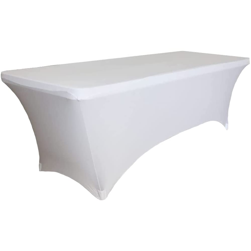 Skyour Stretch Spandex Table Cover 4ft/5ft/6ft/8ft Folding Rectangular Dinner Elastic Fitted Table Cloth Outdoor Cocktail Tablecloth Covers Protector (White, 8FT: 96x30x30in)