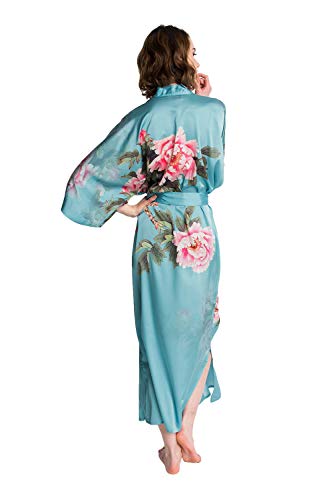 Old Shanghai Women's Kimono Robe Long - Watercolor Floral, peony & bird - cameo blue, One Size