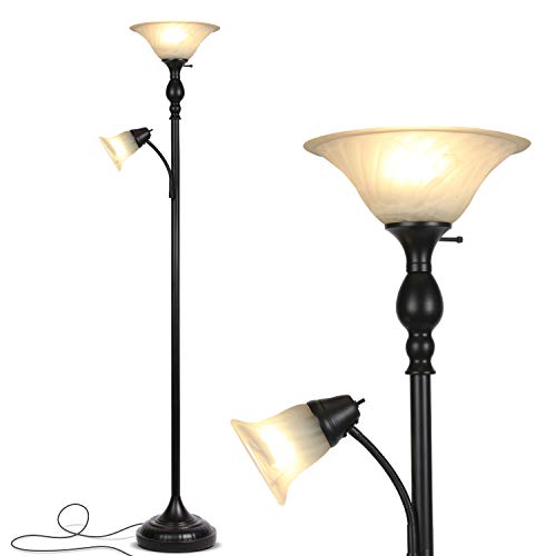 Brightech Evelyn Plus - Dimmable Free Standing Tall Pole Torchiere LED Floor Lamp – Corner Light for Living Room, Office, Bedrooms - Glass Shade- Includes Reading Arm and Three Way LED Bulb - Black