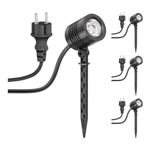 ledscom.de 4x Kleiner LED Gartenstrahler mit Erdspieß TARL für außen, IP65, Stecker, schwarz, 4,1 W, 351lm, kaltweiß