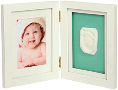 Baby casting impression kit for hand or foot -.Double desktop white frame casting kit. Baby keepsake to cherish for a lifetime. Gender neutral pastel green backboard. Great for a gift. High quality frame and 100% safe and non-toxic.