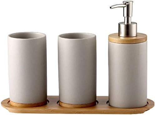 歯ブラシ置き ストレージ浴室セットセラミック4ピースソープディスペンサー歯ブラシコップマウスウォッシュカップトレイ