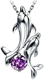 Adorable Woman White Gold Plated Happy Play Dolphins with Round Swarovski Cubic Zirconia Crystal Necklace