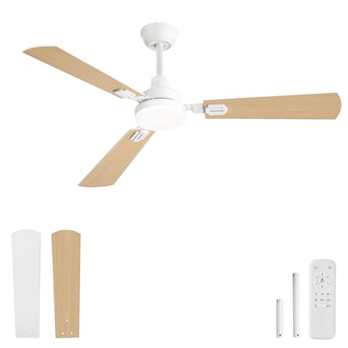 ZMISHIBO Ceiling Fan with 52" LED Light, Remote Control, 2 Rods, 3000K-6000K, Reversible DC Motor, Quiet, 6 Speed, Timer (White+Walnut)