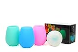 Silicone Wine Glasses - 12 oz Cups THAT GLOW -Set of 4- Stemless Drinkware Non-toxic, BPA Free, Premium Silicone, Unbreakable, Stain-Resistant, and Versatile Drinkware (4, Rainbow)