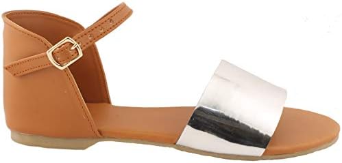 Foot Wagon Silver Metallic Strap Flats | Tan Slippers |Metallic Straps | Flats |Ladies Sandal |Buckle Strap at Ankle|Straps|Women Flats | Ladies Slippers |Girls Slippers |Strap Flats| Chappals|