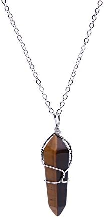 VIKI98 Wire Wrap Nature Quartz Crystal Hexagonal Point Reiki Healing Gemstone Necklace (Tiger Eye)