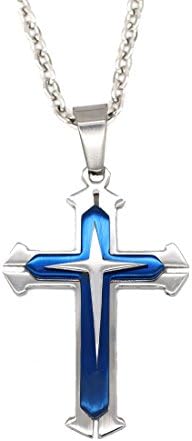 Juvel Jewelry Smart Cross Pendant 22 Inchs Necklace Titanium Stainless Steel Blue color for Teens
