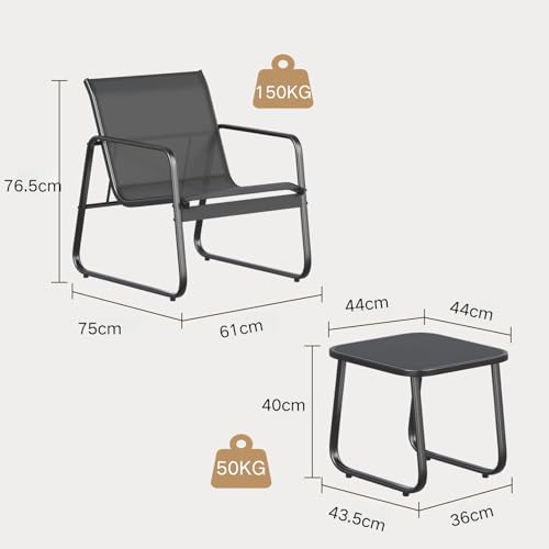 Juego de 2 sillas de patio, juego de muebles de patio de 3 piezas, juegos de bistró, con tela de textileno, mesa auxiliar con marco de metal, juego de sillas para exteriores, para balcón