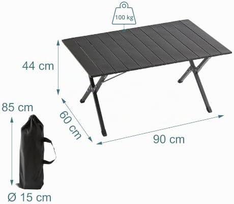 Campingtisch, klappbar, HBT:44 x 90 x 60 cm, Stahl & Kunststoff, Tragetasche, wetterfest, Gartentisch, schwarz