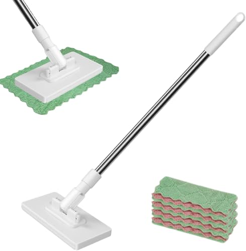 KASTWAVE Mini Disposable Dust Mop with 4 Reusable Microfibre Cloths – 39" Stainless Steel Handle, 360° Rotating Flat Sweeper | Wet/Dry Dual Use for Small Spaces, Bathroom, Kitchen, Walls & Corners