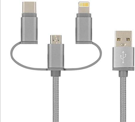 3-in-1 Charging &amp; Data Transfer Cable for iPhone, Android Phones and Switch, MicroUSB, Lightning &amp; Type C Adapter, 3ft Nylon Braided Fast Charging Cable (Grey)