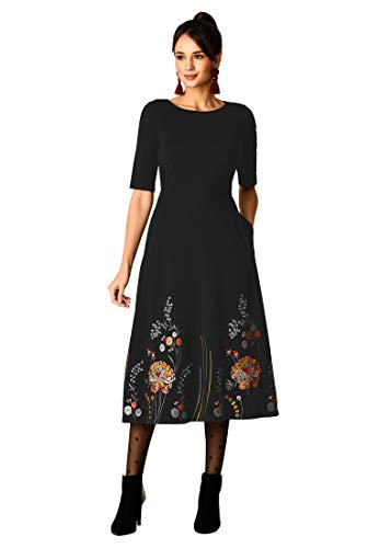 eShakti FX Floral Embroidered Cotton Knit Dress L-12 Black Multi
