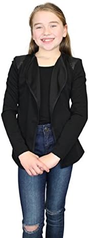 Ozmoint Kids Childrens Girls Textured Fabric Open Front Long Sleeve Cardigan Gillet With Black Patches On Shoulder Detail Top
