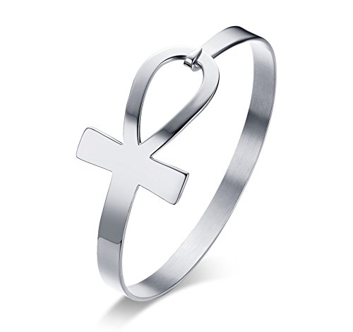 XUANPAI2 Pcs Simple Womens Stainless Steel Egyptian Ankh Cross Sideway Bracelet Key of Life Cuff Bangle