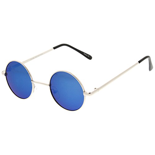 Small Retro Lennon Style Colored Mirror Lens Round Metal Sunglasses 41mm (Silver/Blue Mirror)