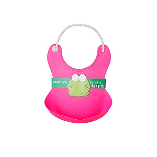 Waterproof Silicone Baby Bibs Infants Toddlers Bib Pink with Food Catcher,Easy to Clean and Fast Drying