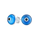 Blue Nazar Evil Eye Spiritual Protection Round Stud Earrings For Women Teen Murano Glass 925 Sterling Silver 9mm