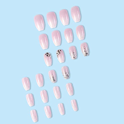 YoYoee Medium Coffin Press On Nails Crystal Gem Design Fake Nails Acrylic Gradient Bling False Nails Reusable Ballerina Stick On Nails for Women and Girls （24 PCS） - Image 3