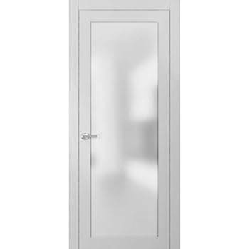 Lite Frosted Glass Door 32 x 80 | Planum 2102 White Silk | Frames Trims Satin Nickel Hardware | Opaque Glass Solid Core Wooden Panel Bathroom Bedroom