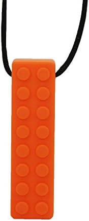 Sensory Chew Block Necklace - Self-Soothe, Tough and Long-Lasting, Textured Silicone Teething and Biting - Perfect for Autistic, ADHD, SPD, Oral Motor Children, Kids, Boys and Girls - Orange