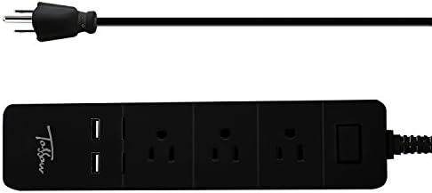 TOSSOW 3 AC Outlet Right-Angle Flat Plug Power Strip with Dual 2.4A/12W Smart USB Ports Fast Charger and 6 ft Extension Power Cord for Home Office Desk Travel Hotel - Black