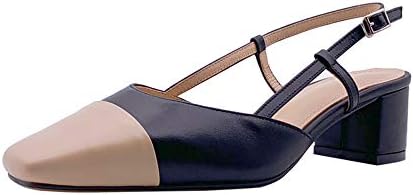 Nine Seven Genuine Leather Women's Square Cap Toe Mid Chunky Heel Elegant Handmade Concise Buckle Sling Back Pumps