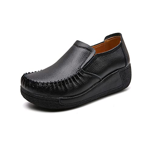 Women's Platform Leather Loafers, Breathable Non-Slip Good Arch Work Nurse Shoes, Rocking Walking Slip-On