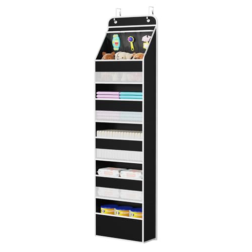 Univivi Organizer da appendere alla porta del bambino, in tessuto, con 5 grandi tasche e 3 piccole tasche in PVC da appendere alla parete, organizer per oggetti essenziali per bambini (nero)