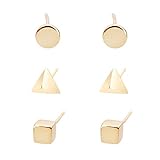 Lureme Brass 3 Pairs Stud Earrings Set for Women Girls Cube Pyramid Circle(Square Triangular Round)(02004563) (Gold Tone)