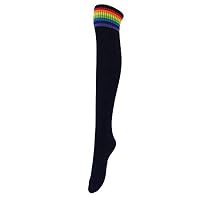 Womens Rainbow Stripe Over Knee Thigh High Socks Stocking (Black)