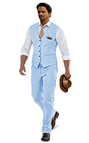 Linen Suits 2 Piece Suit Set Casual Linen Vest and Pants for Groomsmen Summer Wear Suits Groom Tuxedo Blue-XS at Amazon