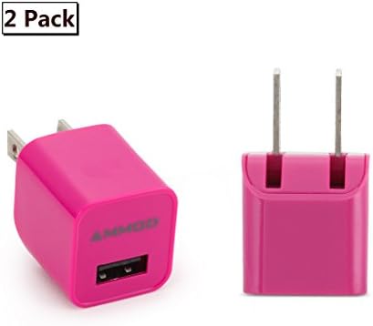 Mini Wall Charger, Ammod 2-Pack 5V 1A USB Home Travel Adapter with Foldable Plug for iPhone 6S 6 5S iPad 4 Air Mini Samsung Galaxy S6 Edge Plus Note 5 4 HTC, Most Android Smartphone Devices -Hot Pink