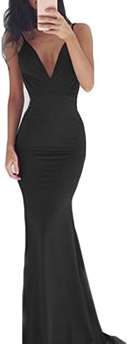 GUSU Women's Sexy Summer Long Dress Deep V Neck Halter Top Evening Party Dresses (Small, Black)