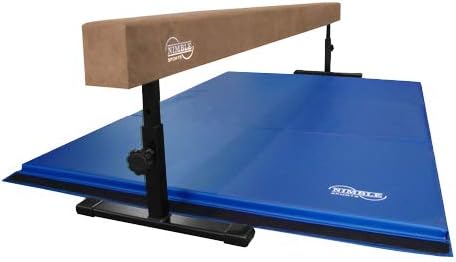 Nimble Sports Gymnastics Beam and Mat Combo - Tan, 14 to 24 Inch High 8 Feet Long Balance Beam and Blue 4 Feet X 6 Feet Folding Mat