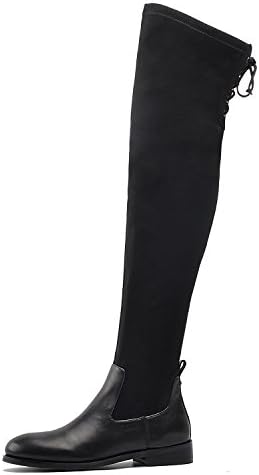 DONNAIN Women Thigh High Boot Black Winter Flat Heel Round Toe Stretchy Over The Knee Boots For Women (5.5, Black Leather)
