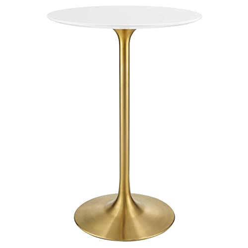 Modway Lippa 28" Mid-Century Modern Bar Table with Round White Top and Gold Ped…