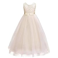 IWEMEK Girls Tulle Lace Flower Wedding Bridesmaid Dress Floor Length Princess Long A Line Pageant Formal Prom Dance Gown Champagne