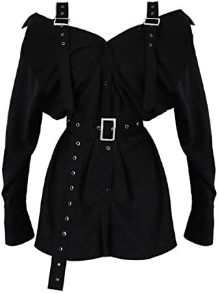 Zachaomero Harajuku Goth Little Black Dress with Buckle Straps Belt Cold Shoulder Shirt Dress Gothic Party Night Dress