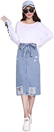 Women's Classic Below Knee Denim Skirt High Waist Distressed Ripped Long Pencil Jeans Denim Skirts (M, Light Blue)