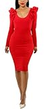 PrettySoul Women's Sexy Ruffle Long Short Sleeve Round Neck Bodycon Pencil Party Club Midi Dress