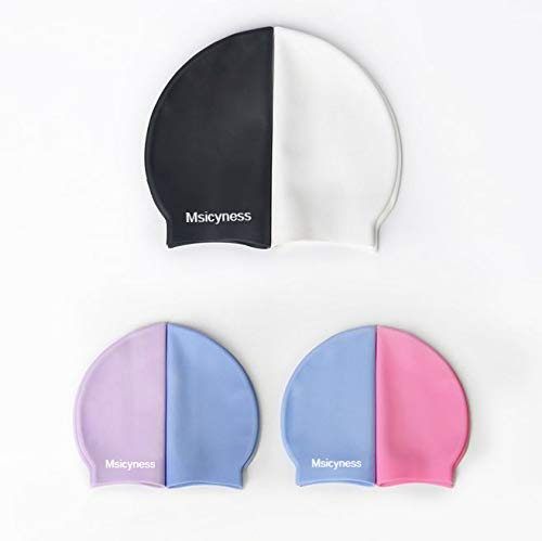 Msicyness Swim Cap for Men Women Silicone Swimming Hat for Adult Swimming Pool Laps Latex Rubber Reduce Water Intake Big Head Hair Guys Girl Bathing Cap (Purple)