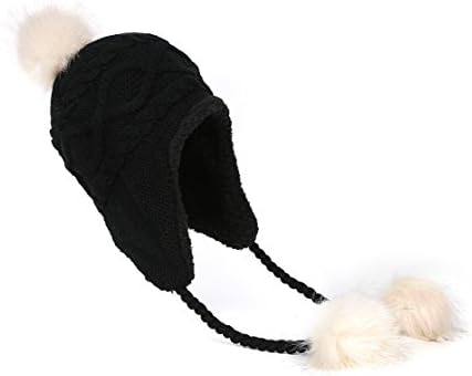 Jon Senkwok Cable Knit Winter Hats For women Soft Warm Earflap Hood Beanie Hat (Black-58CM/22.83IN)